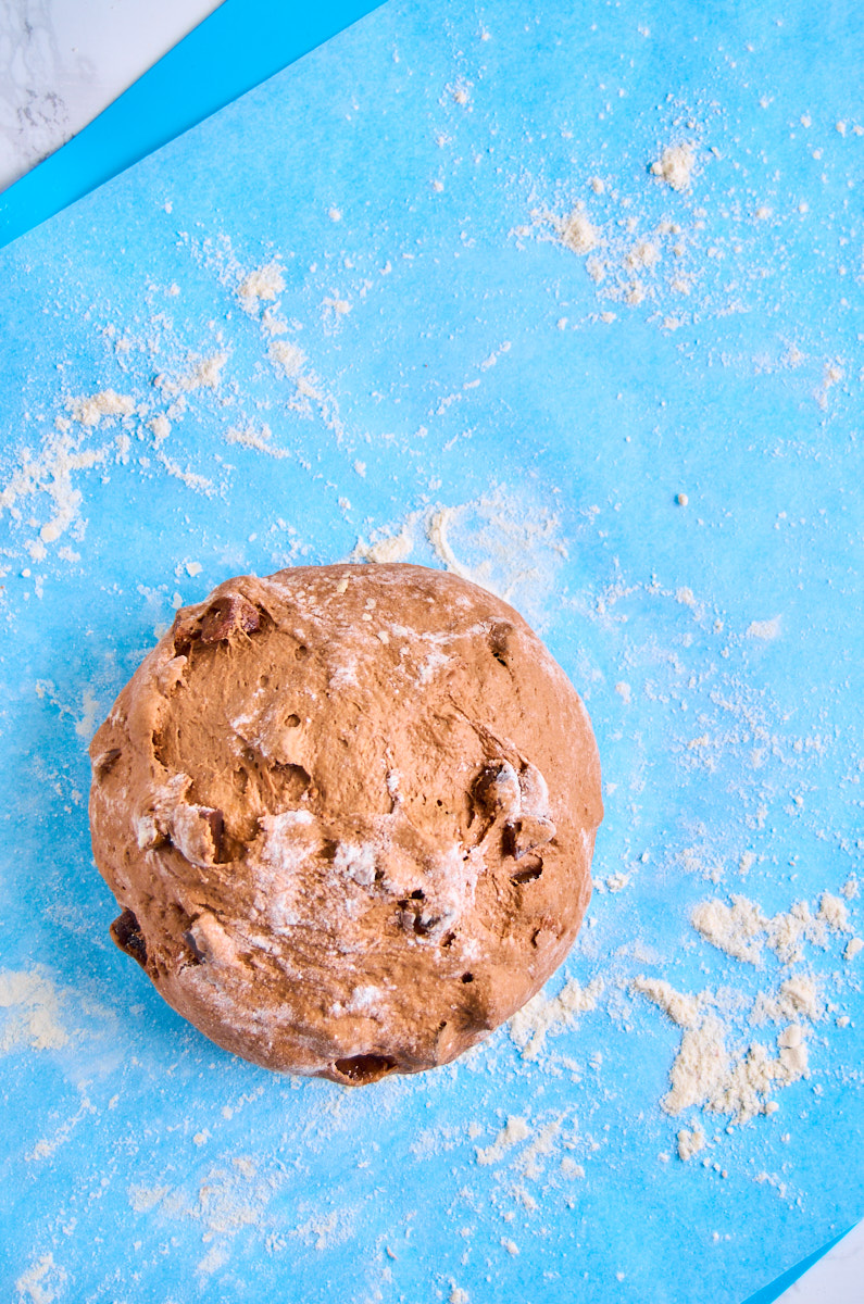 Black Garlic Sourdough Bread with Chocolate dough shaped round.