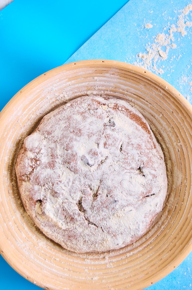 Black Garlic Sourdough Bread with Chocolate dough in a banneton.