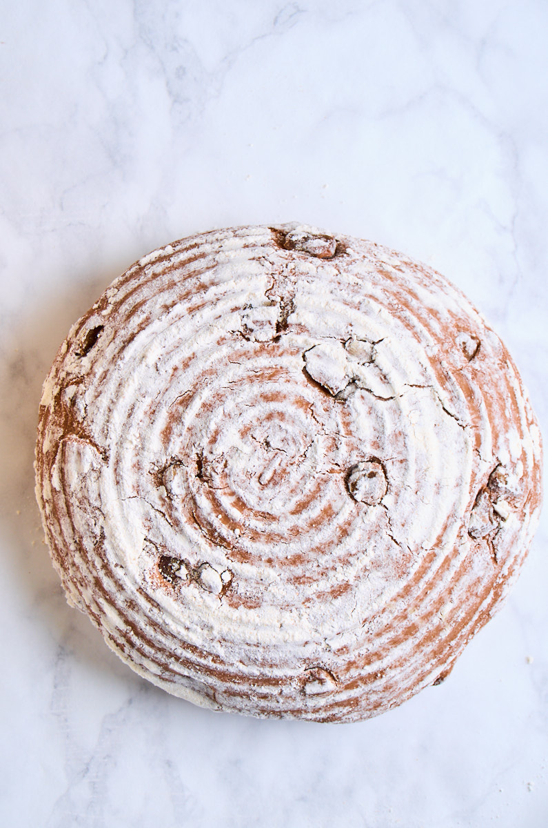 Black Garlic Sourdough Bread with Chocolate floured and fresh out of the banneton, the round marks showing in the floured top.