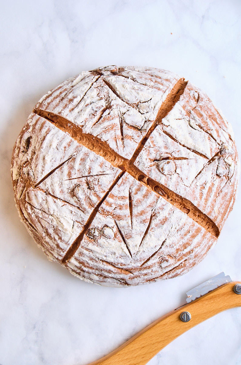 Black Garlic Sourdough Bread with Chocolate readily scored.