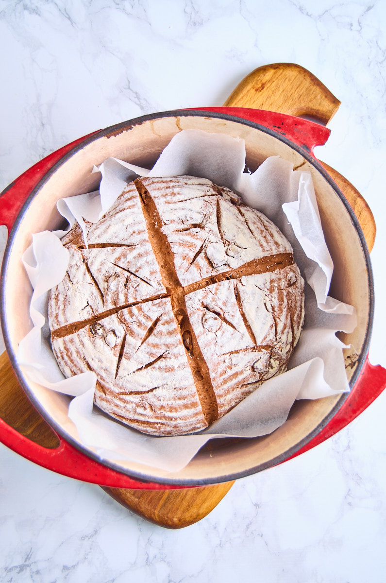Black Garlic Sourdough Bread with Chocolate ready to be baked in a dutch oven.