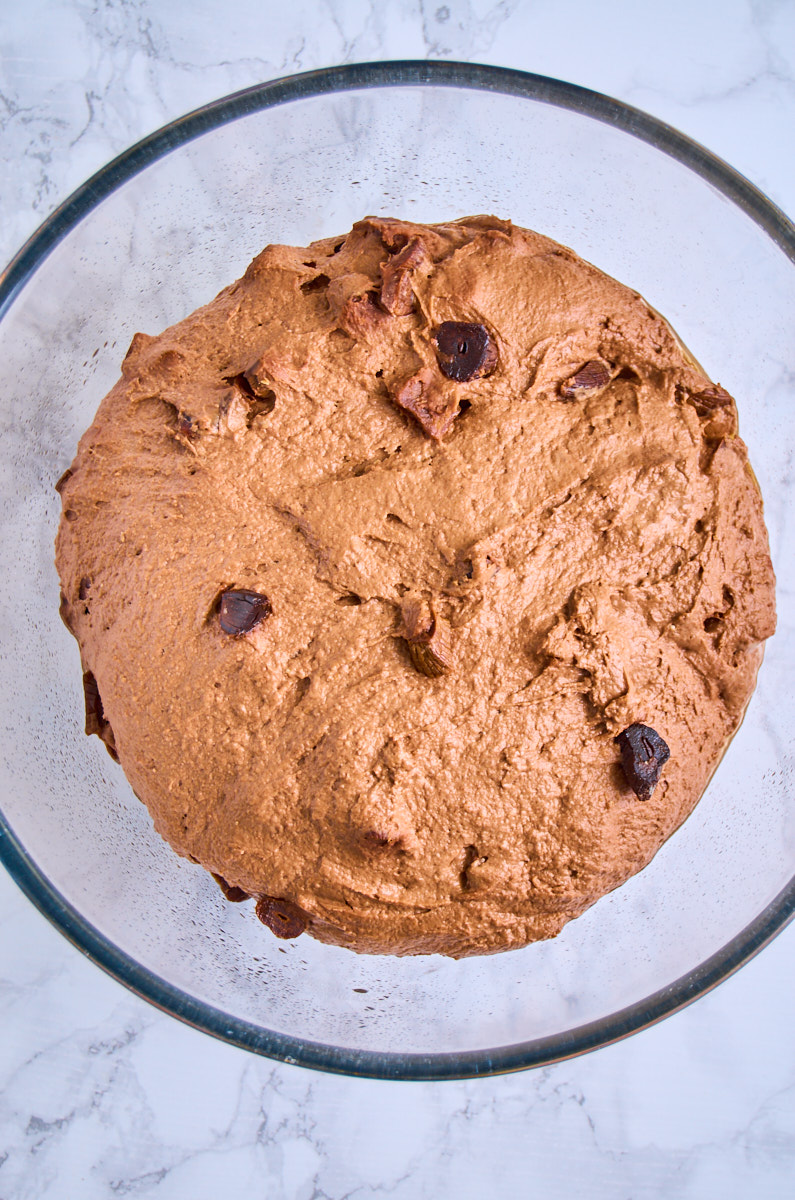 Black Garlic Sourdough Bread with Chocolate dough doubled in size after the overnight ferment.