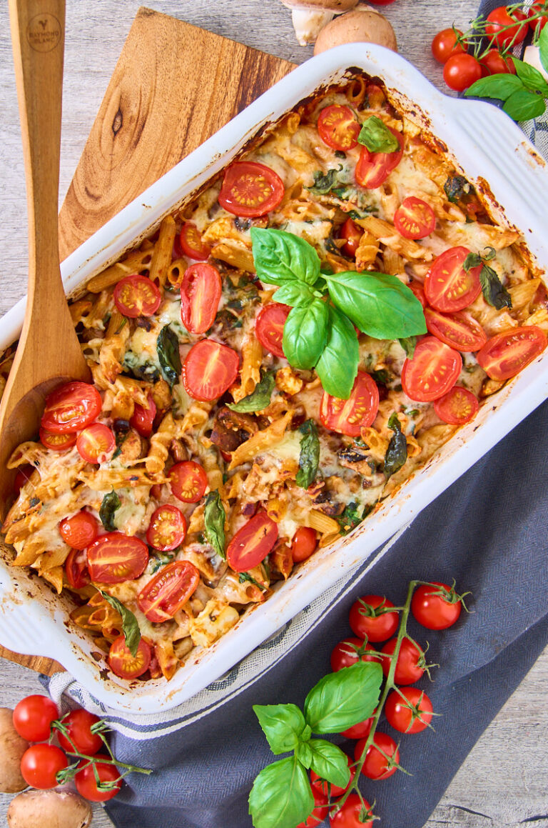 Mushroom Spinach Pasta Bake with Black Garlic