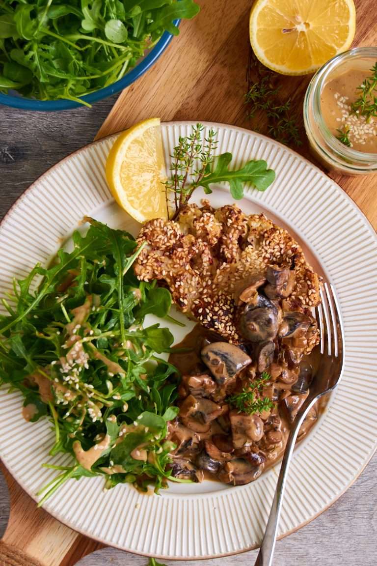 Sumac Roasted Cauliflower Steaks with Black Garlic Mushroom Sauce