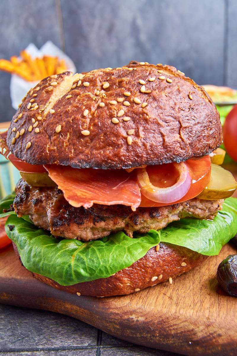 Pretzel Burger with Black Garlic Aioli